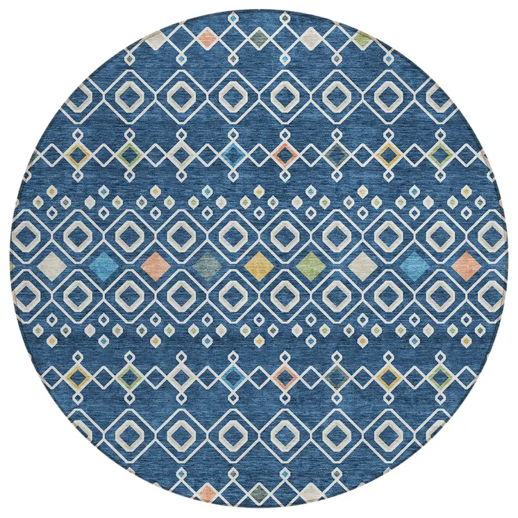 8' Navy Blue Ivory And Peach Round Geometric Washable Indoor Outdoor Area Rug