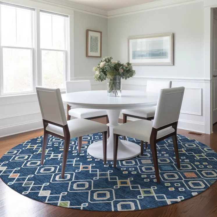 8' Navy Blue Ivory And Peach Round Geometric Washable Indoor Outdoor Area Rug