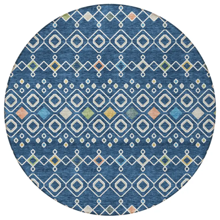 8' Navy Blue Ivory And Peach Round Geometric Washable Indoor Outdoor Area Rug