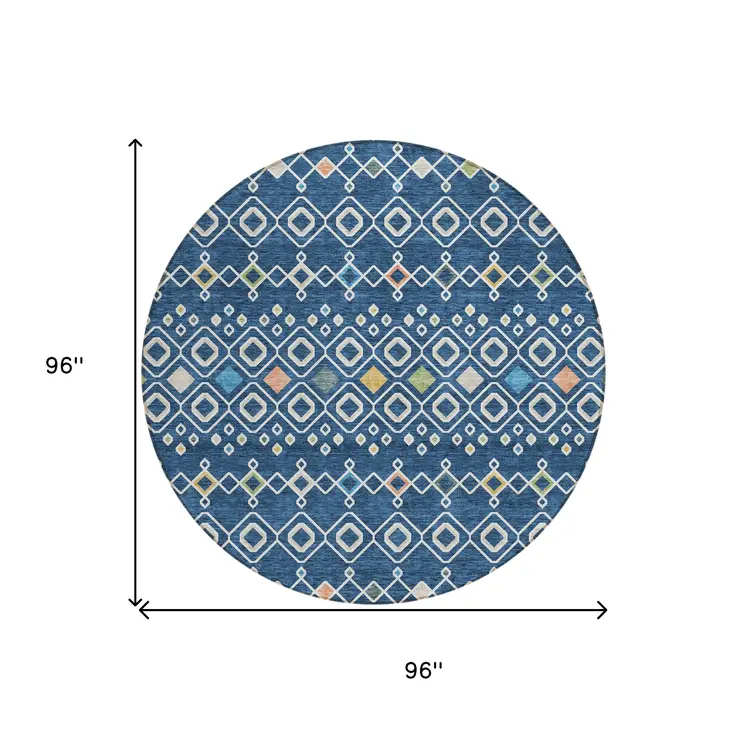 8' Navy Blue Ivory And Peach Round Geometric Washable Indoor Outdoor Area Rug