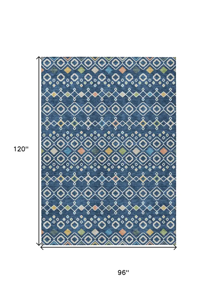 8' X 10' Navy Blue Ivory And Peach Geometric Washable Indoor Outdoor Area Rug