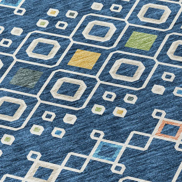 8' X 10' Navy Blue Ivory And Peach Geometric Washable Indoor Outdoor Area Rug