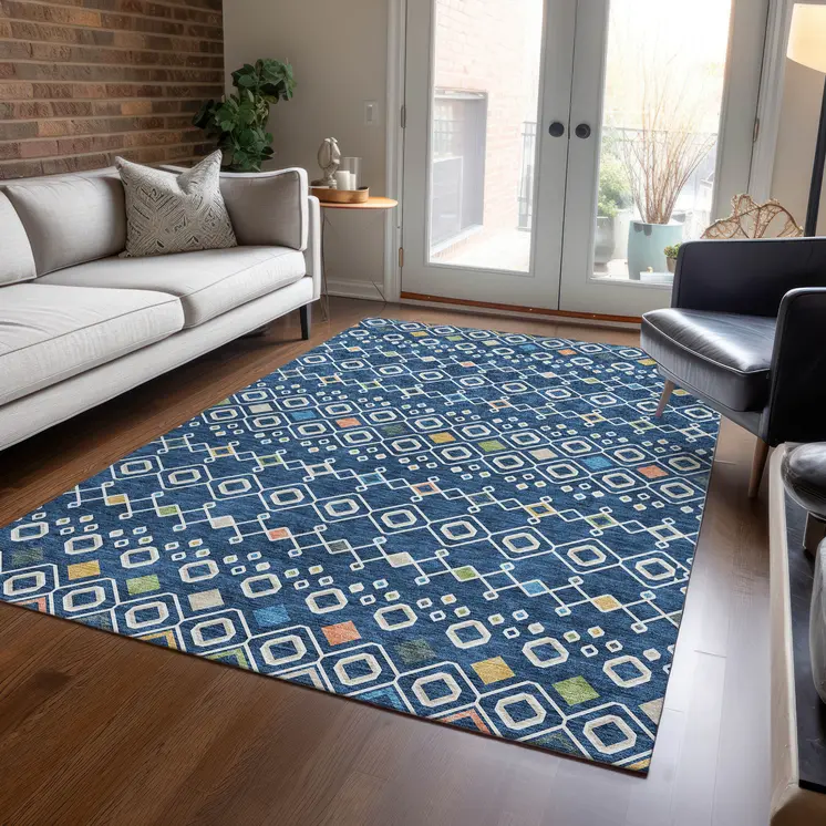 8' X 10' Navy Blue Ivory And Peach Geometric Washable Indoor Outdoor Area Rug