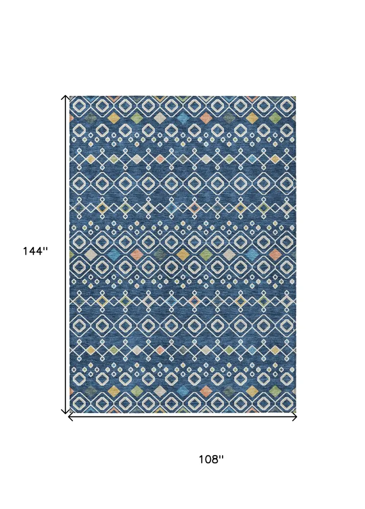 9' X 12' Navy Blue Ivory And Peach Geometric Washable Indoor Outdoor Area Rug