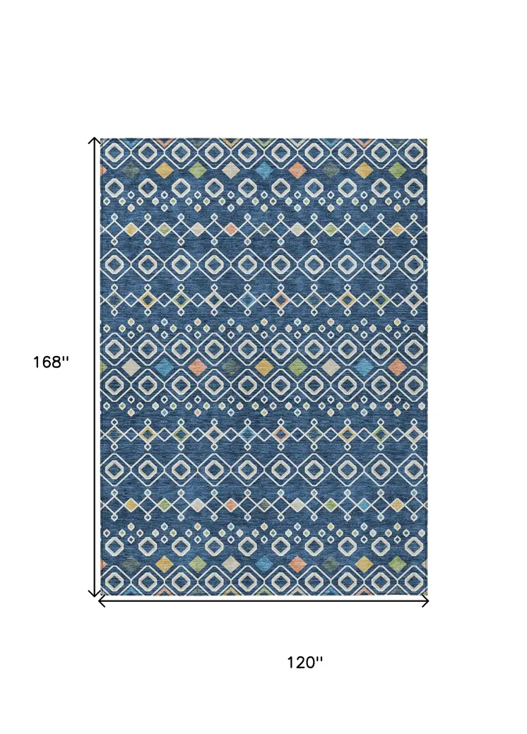 10' X 14' Navy Blue Ivory And Peach Geometric Washable Indoor Outdoor Area Rug