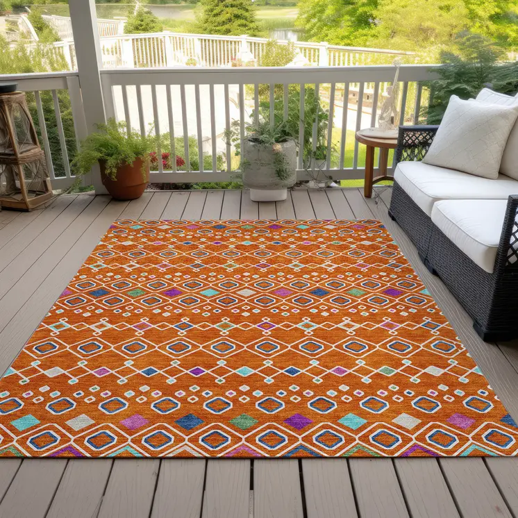 5' X 8' Orange Blue And Purple Geometric Washable Indoor Outdoor Area Rug