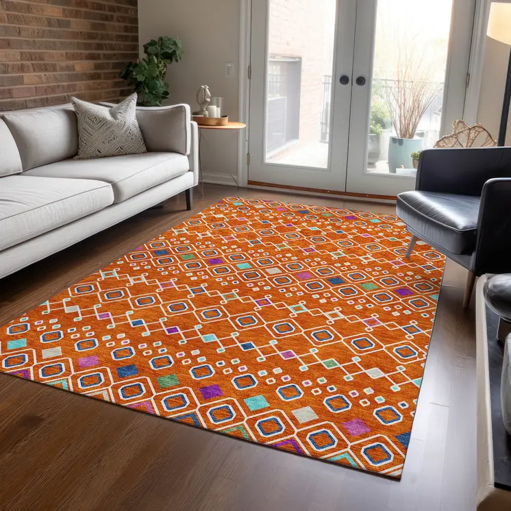 5' X 8' Orange Blue And Purple Geometric Washable Indoor Outdoor Area Rug