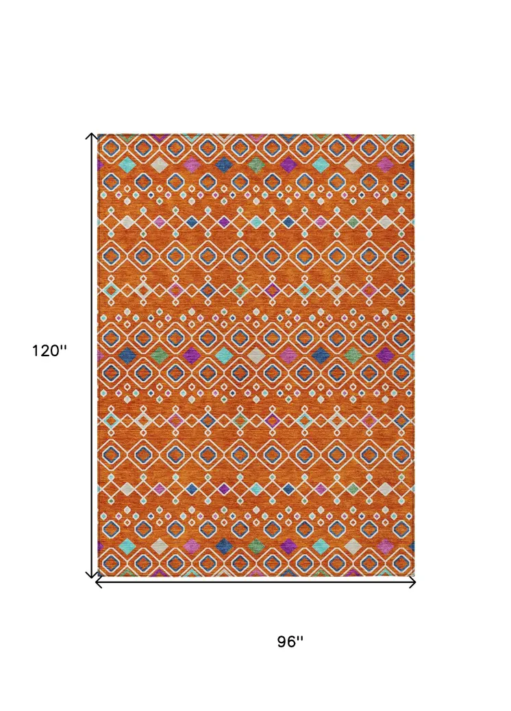 8' X 10' Orange Blue And Purple Geometric Washable Indoor Outdoor Area Rug