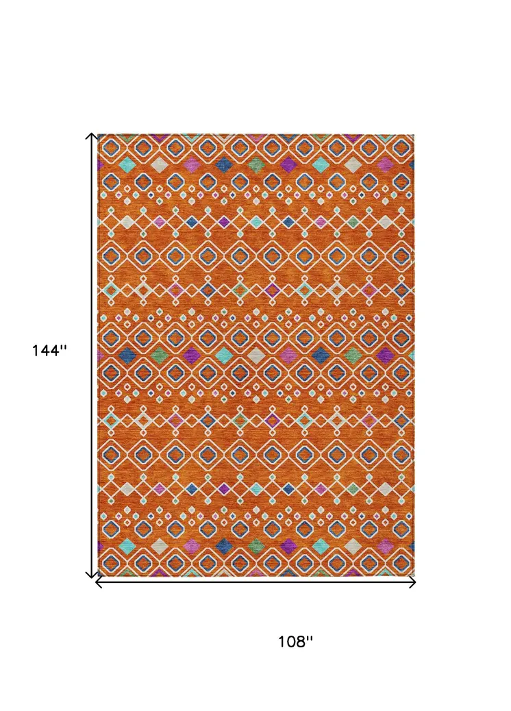 9' X 12' Orange Blue And Purple Geometric Washable Indoor Outdoor Area Rug