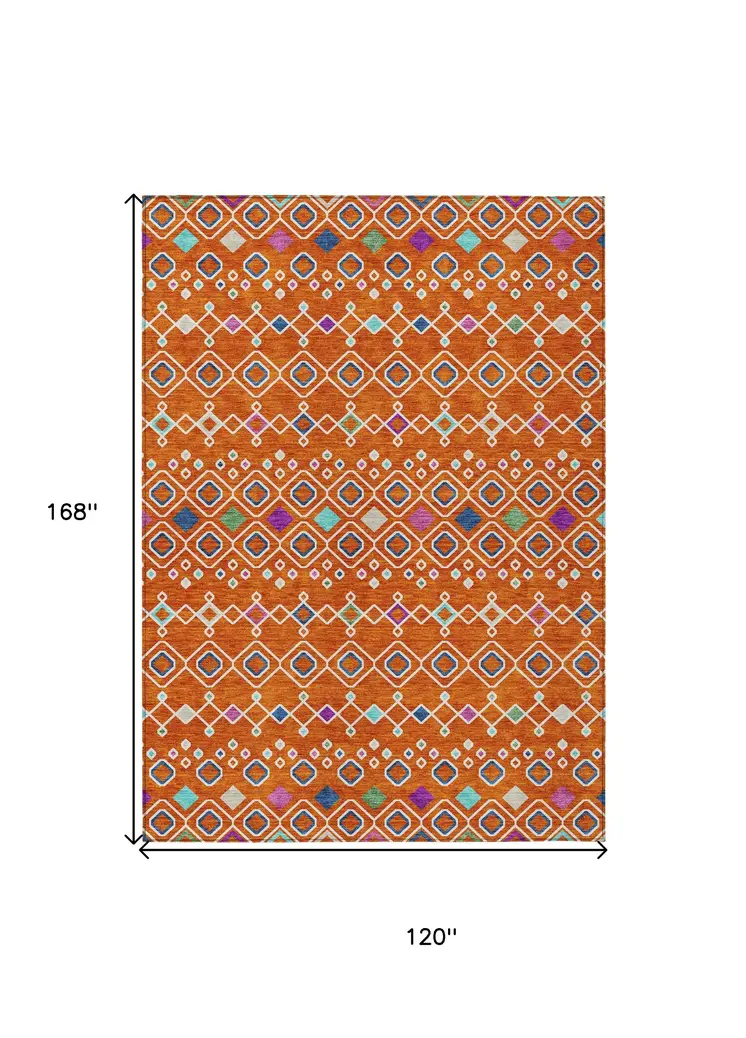 10' X 14' Orange Blue And Purple Geometric Washable Indoor Outdoor Area Rug