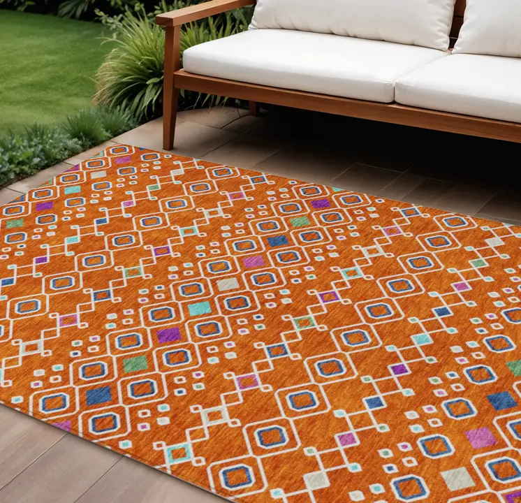10' X 14' Orange Blue And Purple Geometric Washable Indoor Outdoor Area Rug