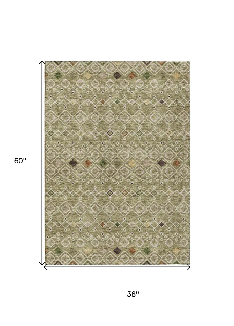 3' X 5' Sage Ivory And Beige Geometric Washable Indoor Outdoor Area Rug
