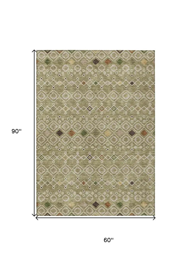 5' X 8' Sage Ivory And Beige Geometric Washable Indoor Outdoor Area Rug