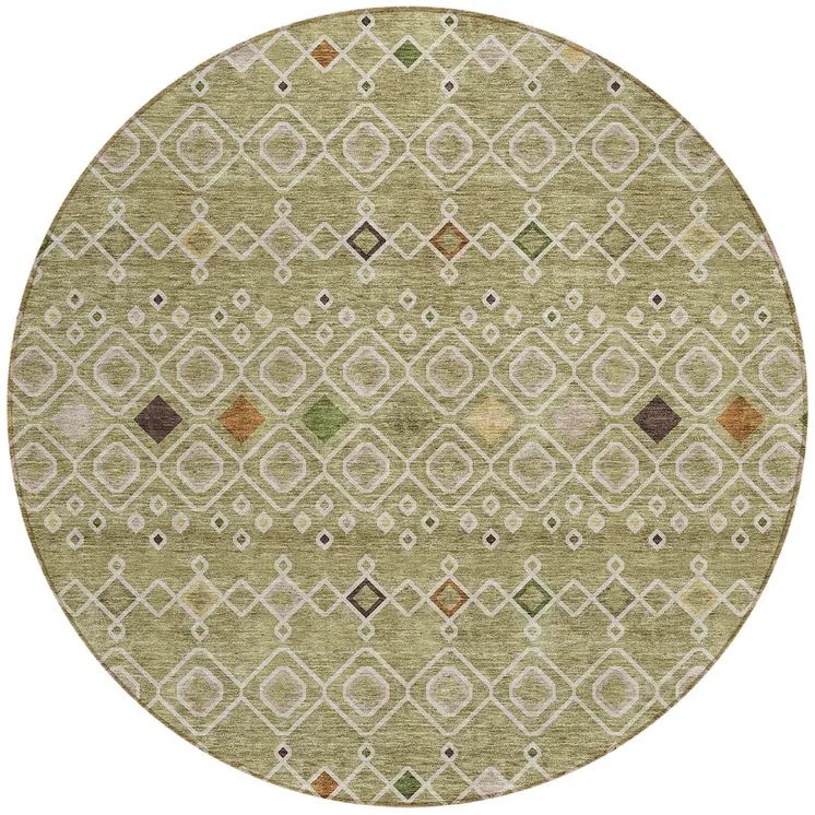 8' Sage Ivory And Beige Round Geometric Washable Indoor Outdoor Area Rug