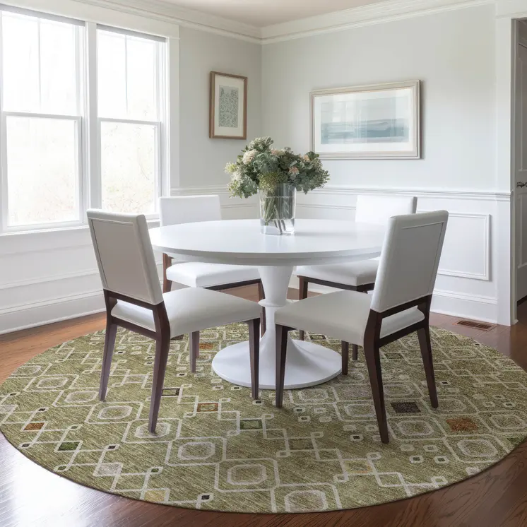 8' Sage Ivory And Beige Round Geometric Washable Indoor Outdoor Area Rug