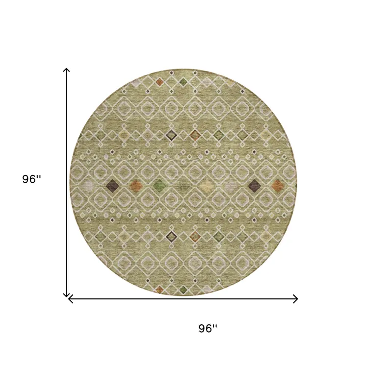8' Sage Ivory And Beige Round Geometric Washable Indoor Outdoor Area Rug