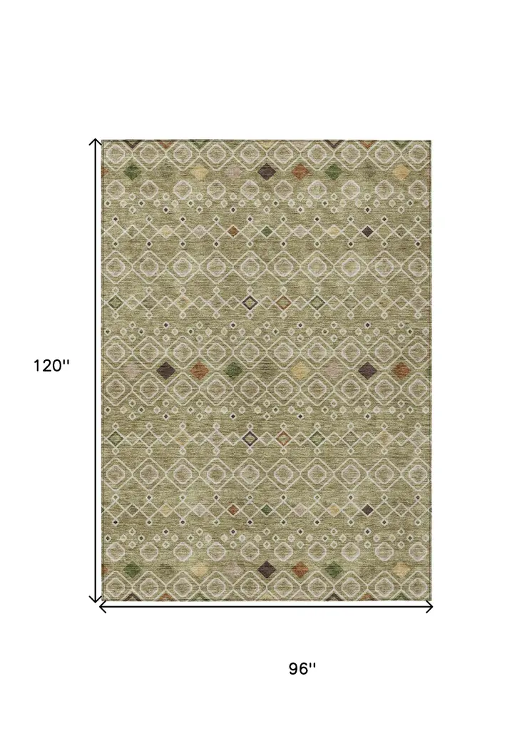 8' X 10' Sage Ivory And Beige Geometric Washable Indoor Outdoor Area Rug