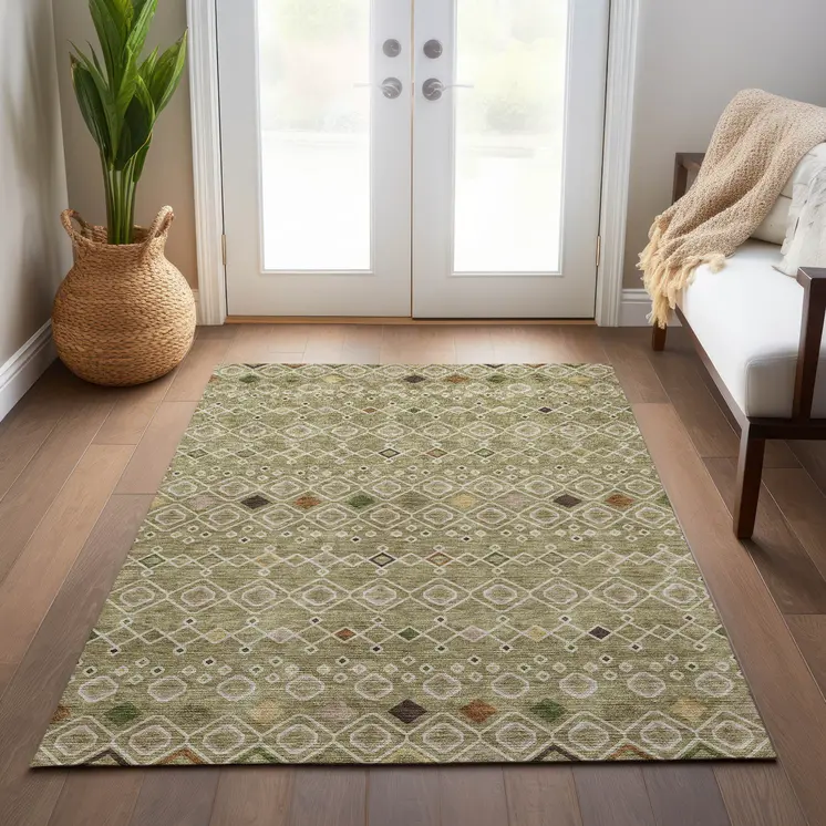 8' X 10' Sage Ivory And Beige Geometric Washable Indoor Outdoor Area Rug