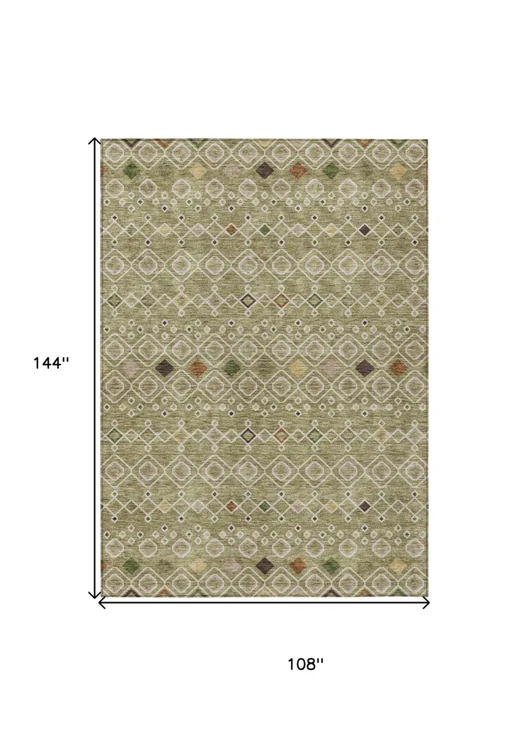 9' X 12' Sage Ivory And Beige Geometric Washable Indoor Outdoor Area Rug