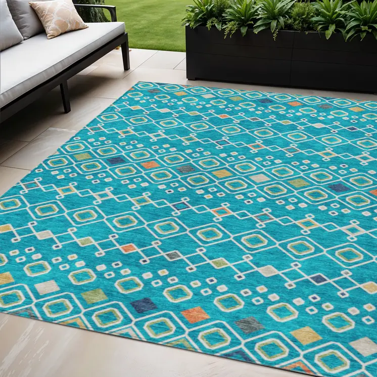 5' X 8' Teal Blue Ivory And Gold Geometric Washable Indoor Outdoor Area Rug