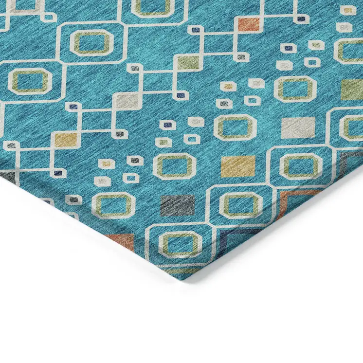 5' X 8' Teal Blue Ivory And Gold Geometric Washable Indoor Outdoor Area Rug