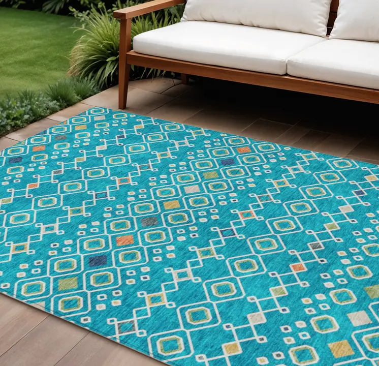 8' X 10' Teal Blue Ivory And Gold Geometric Washable Indoor Outdoor Area Rug