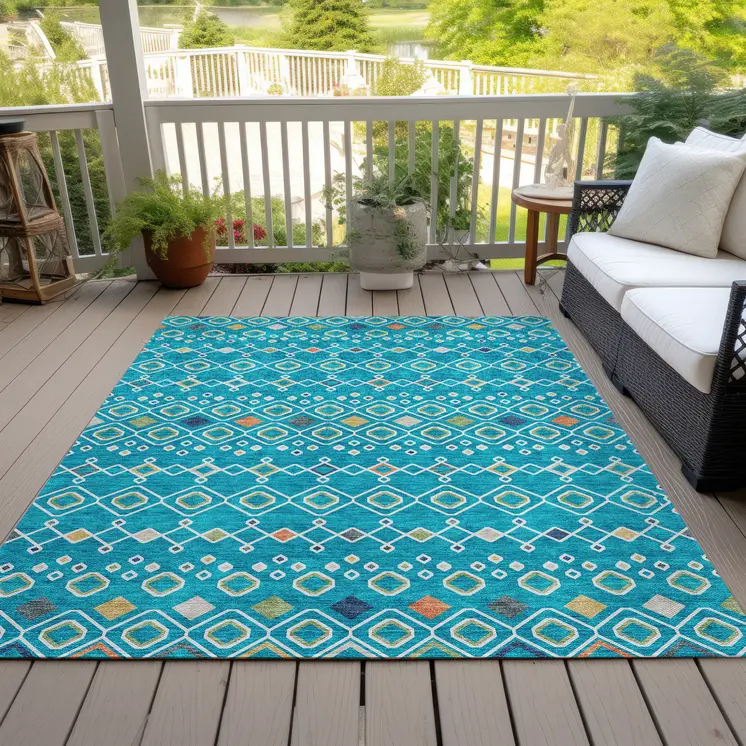 8' X 10' Teal Blue Ivory And Gold Geometric Washable Indoor Outdoor Area Rug