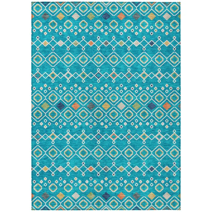 8' X 10' Teal Blue Ivory And Gold Geometric Washable Indoor Outdoor Area Rug