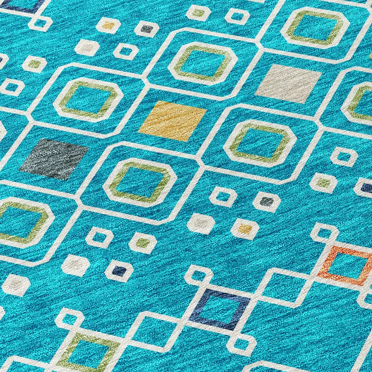 8' X 10' Teal Blue Ivory And Gold Geometric Washable Indoor Outdoor Area Rug