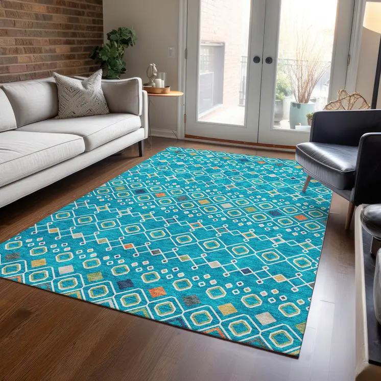 8' X 10' Teal Blue Ivory And Gold Geometric Washable Indoor Outdoor Area Rug