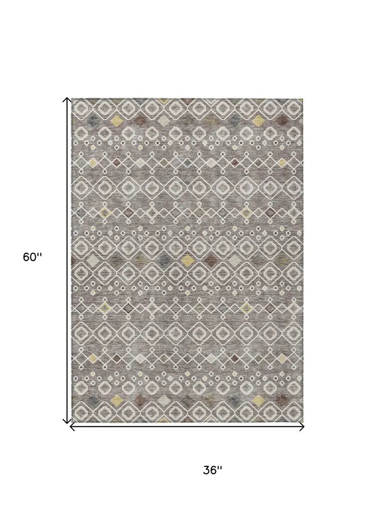 3' X 5' Taupe Gray And Gold Geometric Washable Indoor Outdoor Area Rug