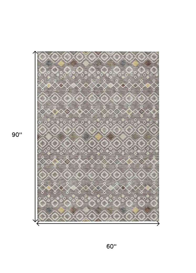 5' X 8' Taupe Gray And Gold Geometric Washable Indoor Outdoor Area Rug