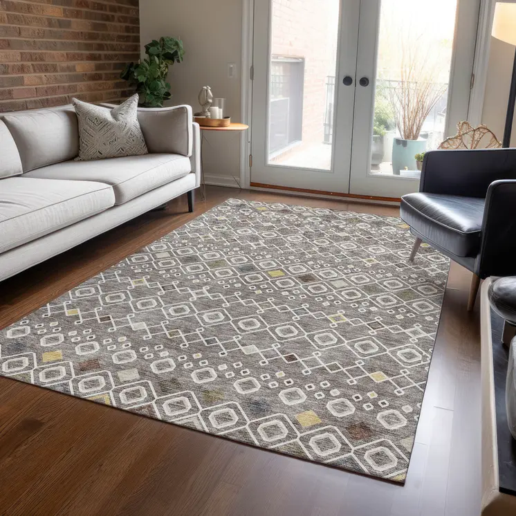 5' X 8' Taupe Gray And Gold Geometric Washable Indoor Outdoor Area Rug