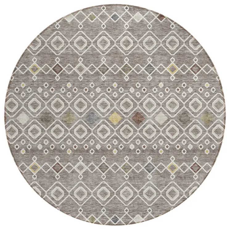 8' Taupe Gray And Gold Round Geometric Washable Indoor Outdoor Area Rug