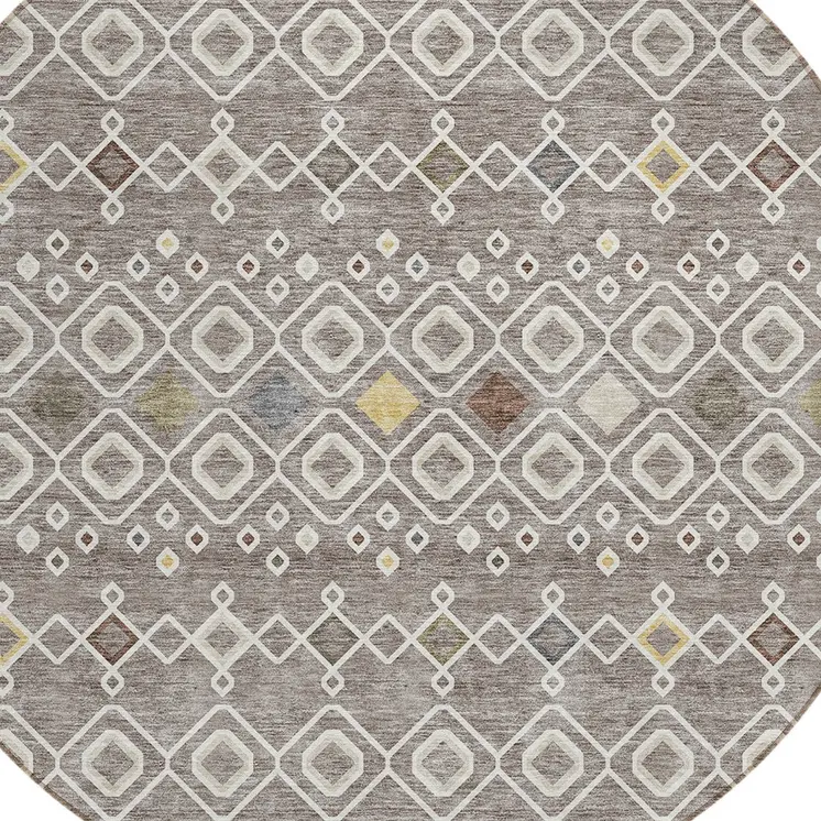 8' Taupe Gray And Gold Round Geometric Washable Indoor Outdoor Area Rug