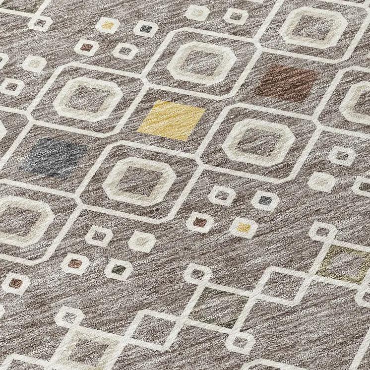 8' Taupe Gray And Gold Round Geometric Washable Indoor Outdoor Area Rug