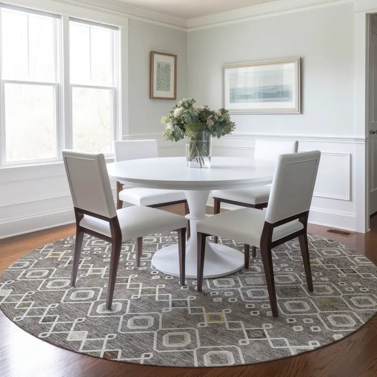8' Taupe Gray And Gold Round Geometric Washable Indoor Outdoor Area Rug