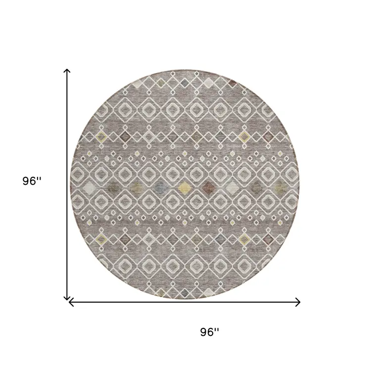8' Taupe Gray And Gold Round Geometric Washable Indoor Outdoor Area Rug