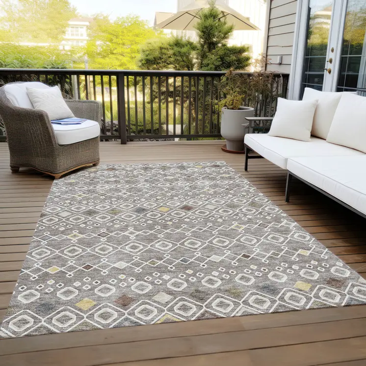 9' X 12' Taupe Gray And Gold Geometric Washable Indoor Outdoor Area Rug