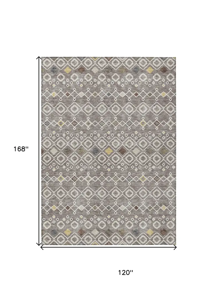 10' X 14' Taupe Gray And Gold Geometric Washable Indoor Outdoor Area Rug