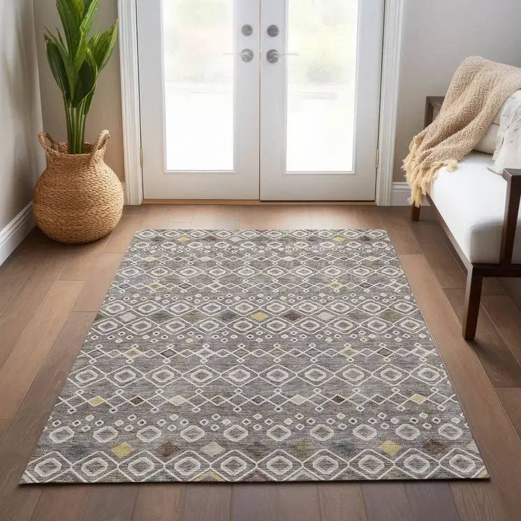 10' X 14' Taupe Gray And Gold Geometric Washable Indoor Outdoor Area Rug