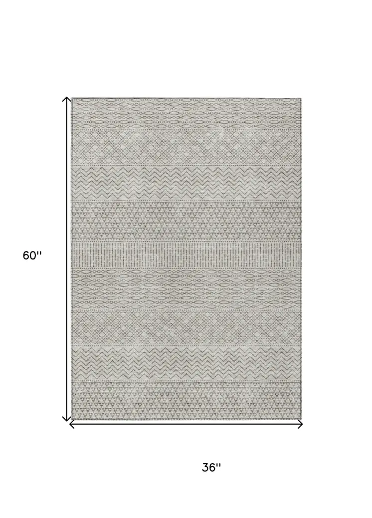 3' X 5' Beige And Ivory Chevron Washable Indoor Outdoor Area Rug