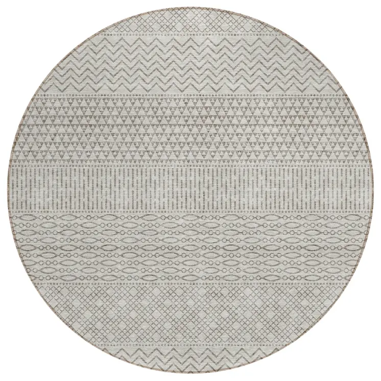8' Beige And Ivory Round Chevron Washable Indoor Outdoor Area Rug