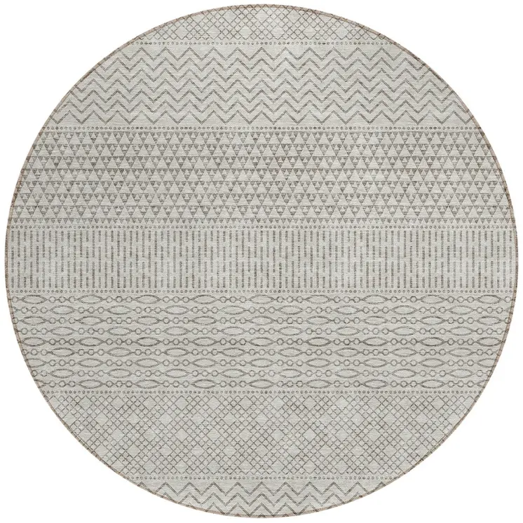 8' Beige And Ivory Round Chevron Washable Indoor Outdoor Area Rug