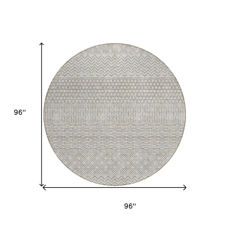 8' Beige And Ivory Round Chevron Washable Indoor Outdoor Area Rug