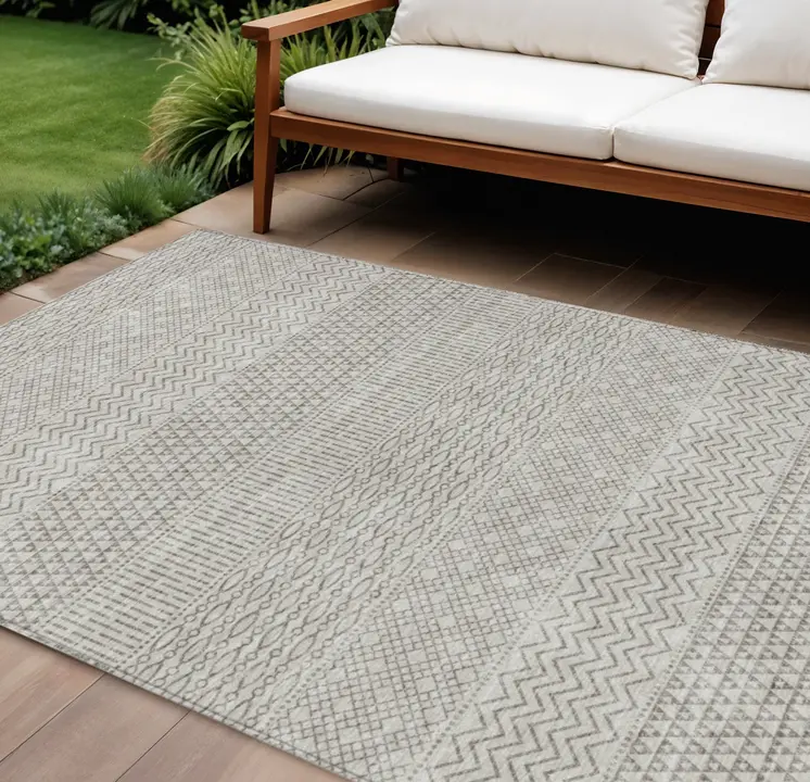 10' X 14' Beige And Ivory Chevron Washable Indoor Outdoor Area Rug