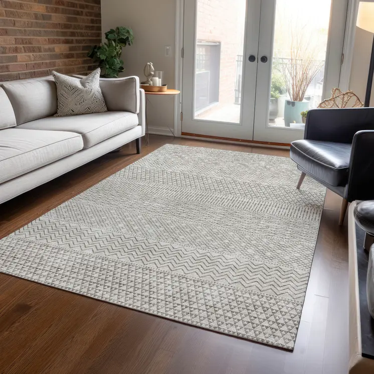10' X 14' Beige And Ivory Chevron Washable Indoor Outdoor Area Rug