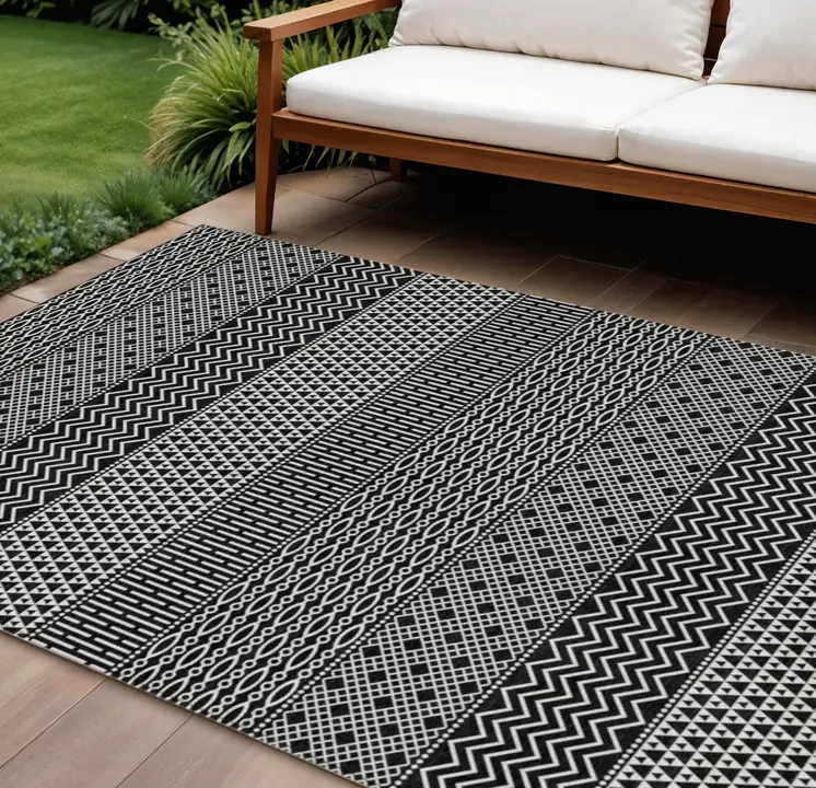 10' X 14' Black And Ivory Chevron Washable Indoor Outdoor Area Rug