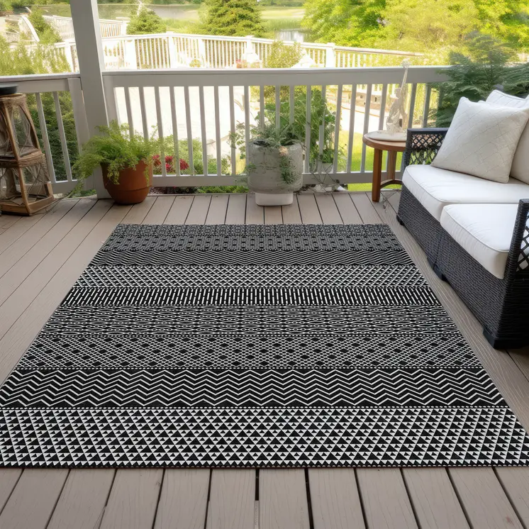 10' X 14' Black And Ivory Chevron Washable Indoor Outdoor Area Rug