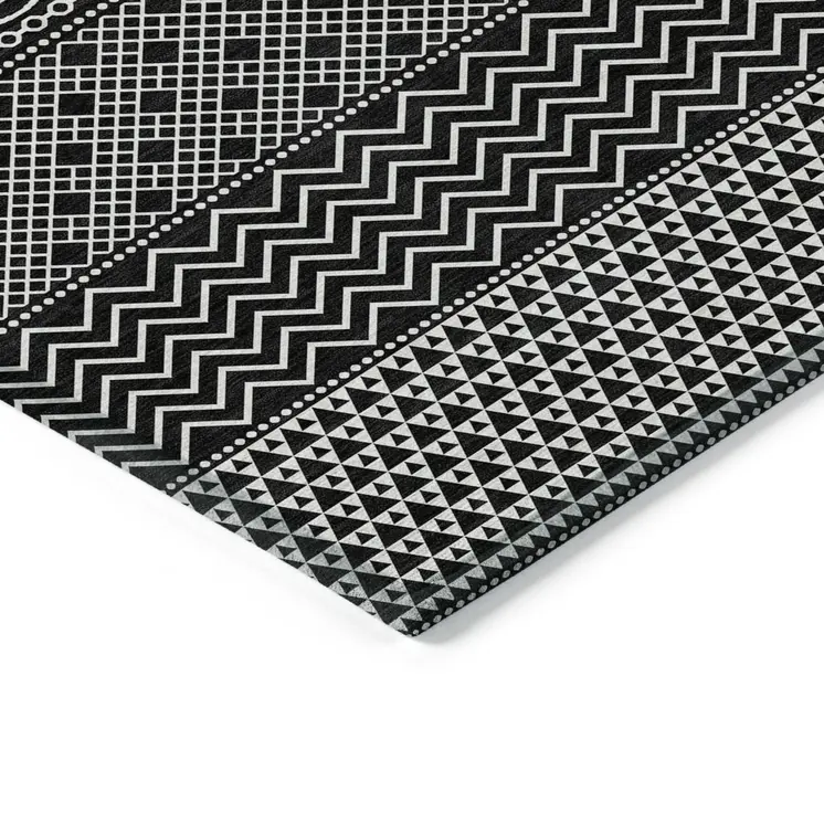 10' X 14' Black And Ivory Chevron Washable Indoor Outdoor Area Rug